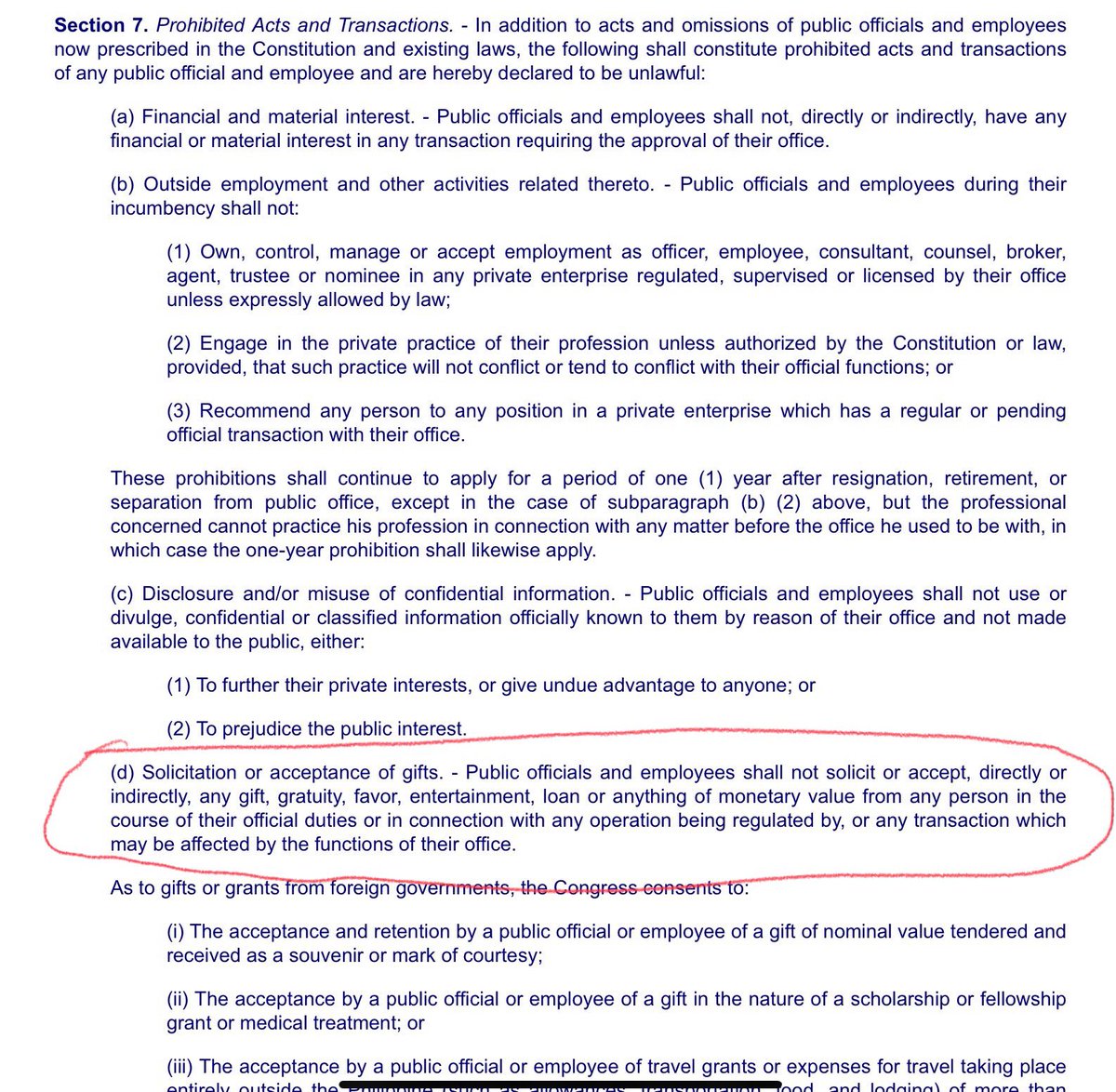 maltiq's tweet photo. Placing here prohibition on private donations under RA6713 or the Ethical Standards Law. See Section 7 (d). https://t.co/xuev7JVEfJ