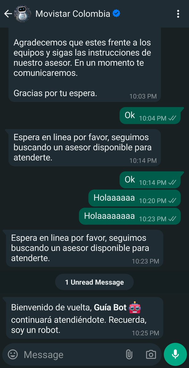 CalicheLozano's tweet photo. @MovistarCo esto es un chiste, espera uno media hora en el whatsapp para que nadie aparezca y vuelva a iniciarse el chatbot. Que mediocridad. @sicsuper https://t.co/u9MtkHFsgC