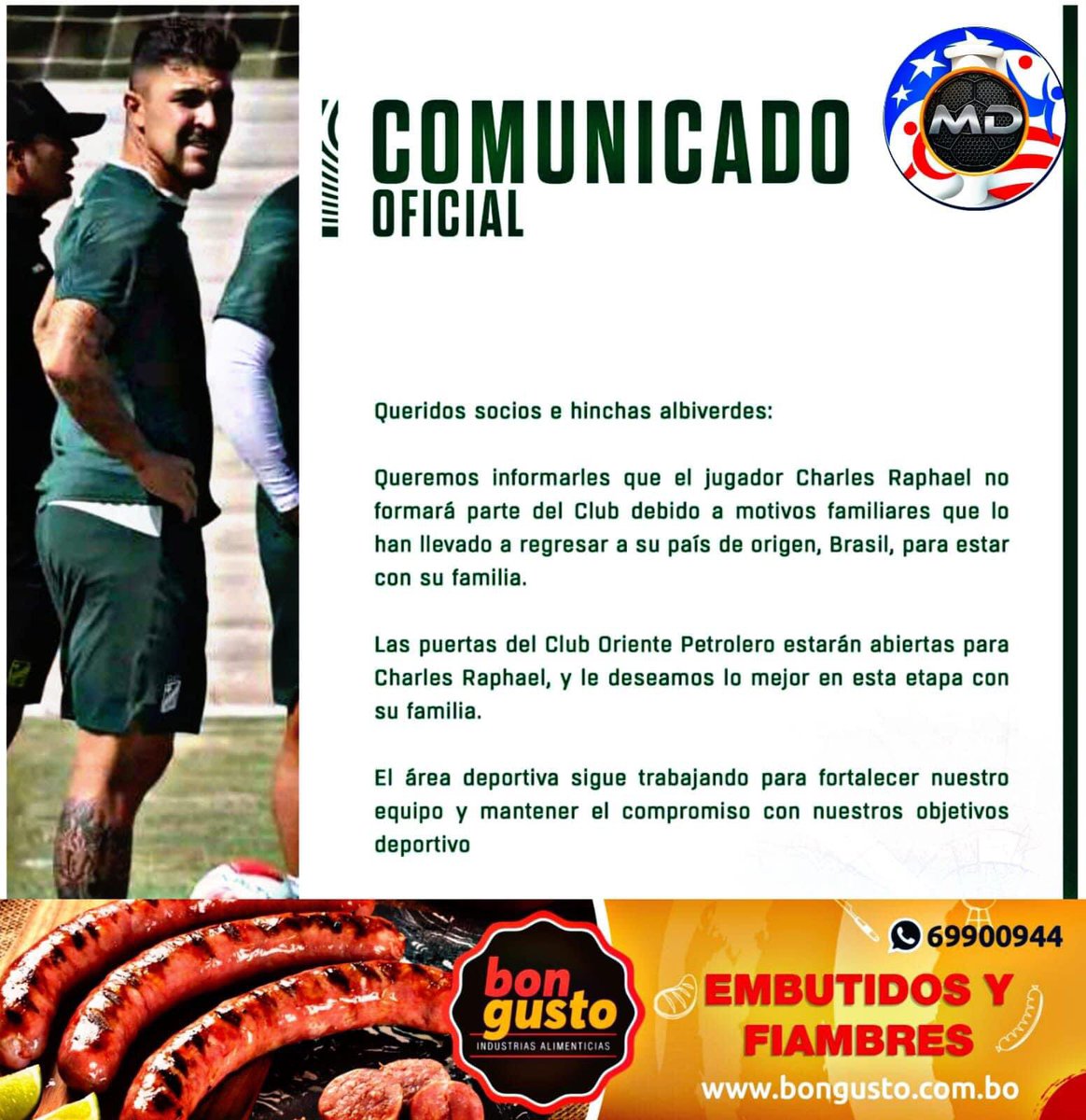 maquinadeportes's tweet photo. #OrienteP
EL VERDOLAGA CONFIRMÓ QUE EL BRASILEÑO CHARLES RAPHAEL NO SERA PARTE DEL PLANTEL ESTA TEMPORADA
El jugador se habría marchado por la difícil situación que atraviesa el Refinero, sin embargo desde la Dirigencia expresan que es por "Motivos Familiares" https://t.co/klTqvxHsvv
