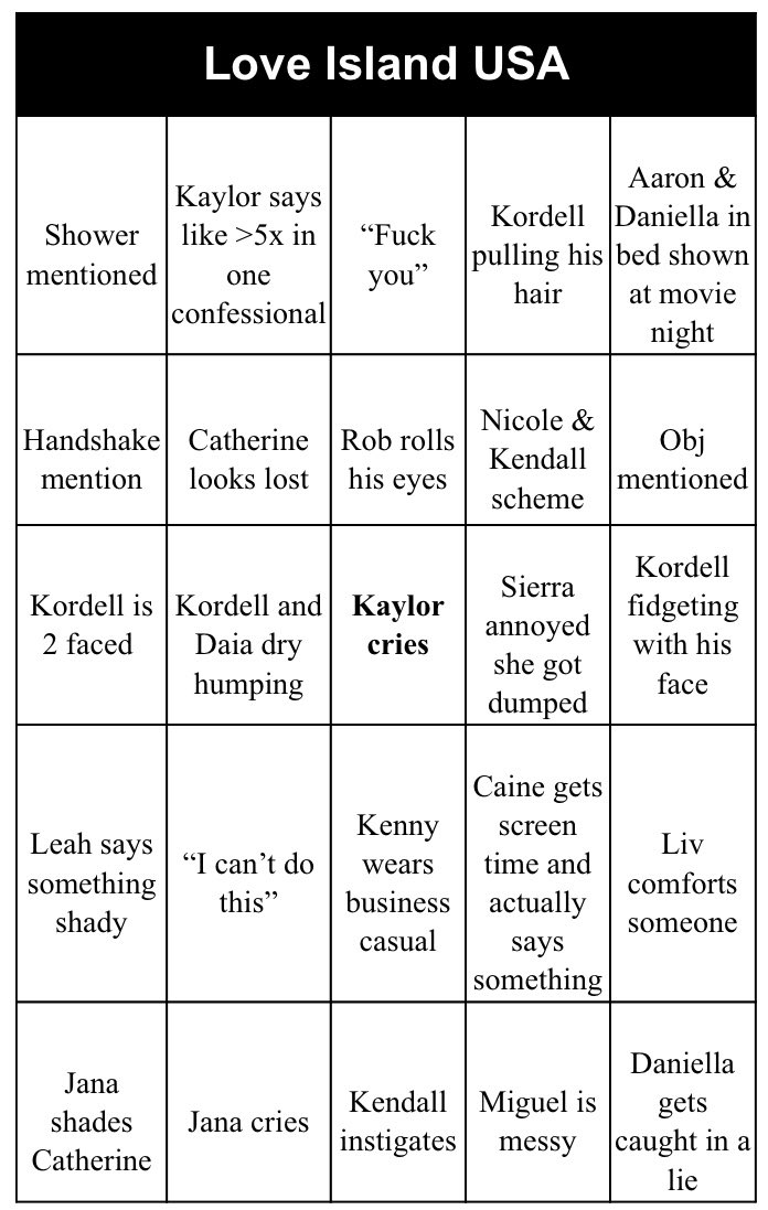 #loveislandusa BINGO
