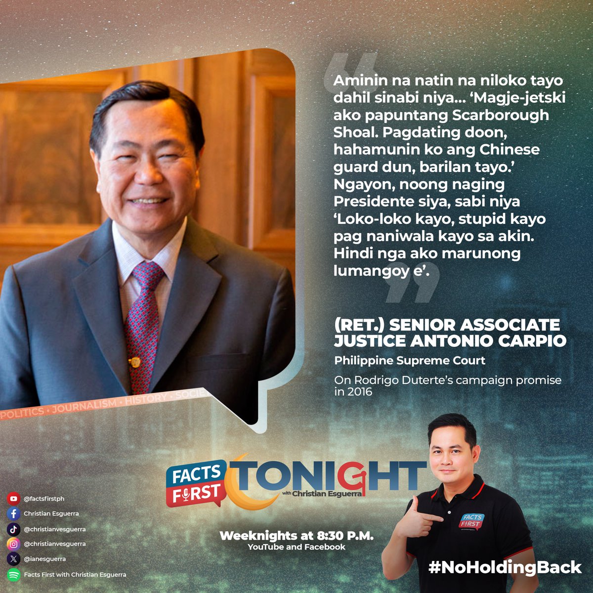 IanEsguerra's tweet photo. ‘Aminin na natin na niloko tayo’ ni Duterte — Justice Tony Carpio

Here’s our #FactsFirst #convo: https://t.co/tIaqwZ8Fsj https://t.co/cJHyPcEXwt