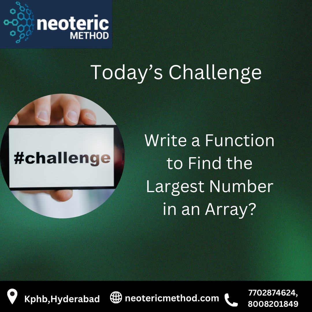 NMethod93321's tweet image. Boost your coding skills with this task: Create a function that finds the largest number in an array. Share your solution and tag us to show off your programming expertise! Dive into more exciting challenges with #NeotericMethod full-stack training!
#Java #SoftwareDevelopment