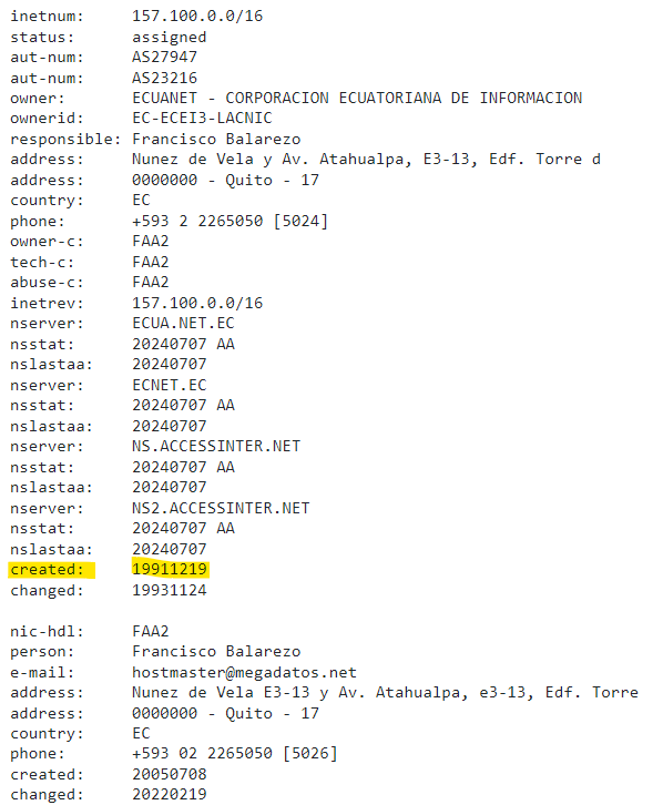 epiove's tweet photo. El dato (no tan) curioso de hoy.
El prefijo IP 157.100.0.0/16 perteneciente a Ecuanet, contiene las direcciones IP más antiguas de Ecuador.
Fueron asignadas el 19 de diciembre de 1991 cuando aún ni había internet en Ecuador. (sigue) https://t.co/psUWY60T0t