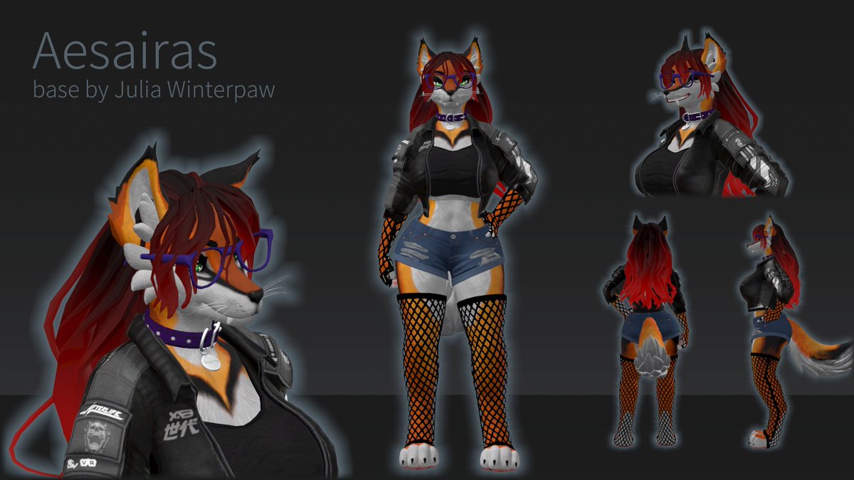 Aesairas's tweet photo. I used substance painter for the first time on @JuliaWinterPaw 's Fem Canine Avatar. This is a recolor of the dire wolf skin. Pic of just my avatar and another of a mix of Julia's clothing pack and @METAL_GOD_07 's Winterpaw Metal Tech Clothing. I adore her! <3 https://t.co/Axzu39XynS