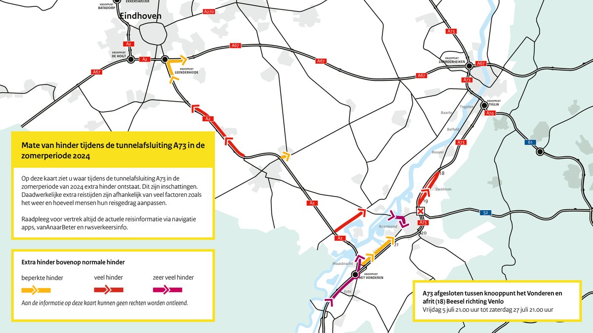 RWS_ZN's tweet photo. Vanaf vandaag 06.00u tot wo. 31 juli 06.00u zijn de Roertunnel en Tunnel Swalmen in noordelijke richting gesloten❌. Vanaf nu is de #A73 van Venlo ➡️ Maastricht tot vrij. 26 juli 21.00u open 🚘. Ga goed voorbereid op weg! https://t.co/rjhba1Y91J @_MiddenLimburg @RWSverkeersinfo https://t.co/NoE3FIY0Vw