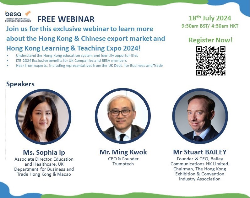 LTExpo_HongKong's tweet photo. Free Webinar: EdTech landscape in China and Hong Kong.

18th July 2024, 9:30am BST

- LTE 2024 Exclusive benefits for UK Companies and BESA members
- Hear from experts, including representatives from the UK Dept. for Business and Trade

Register at: https://t.co/1aOEaeXAuA https://t.co/bSozzaDF9N