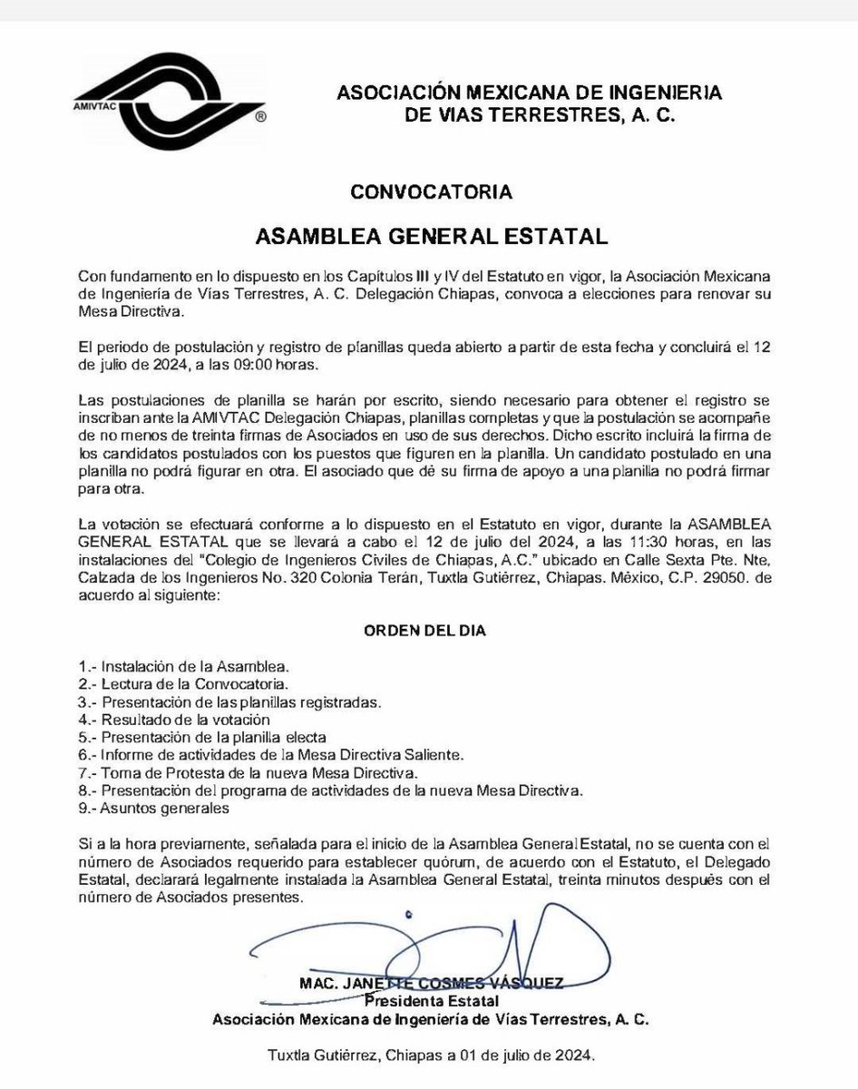AMIVTAC_Chiapas's tweet image. Estimados asociados:
El próximo viernes 12 de Julio, se llevará acabo  la Asamblea General Estatal de la Asociación Mexicana de Ingeniería de Vías Terrestres A.C. (AMIVTAC), delegación Chiapas.
En la que se hará la elección de la XI Mesa Directiva para el periodo 2024-2026.