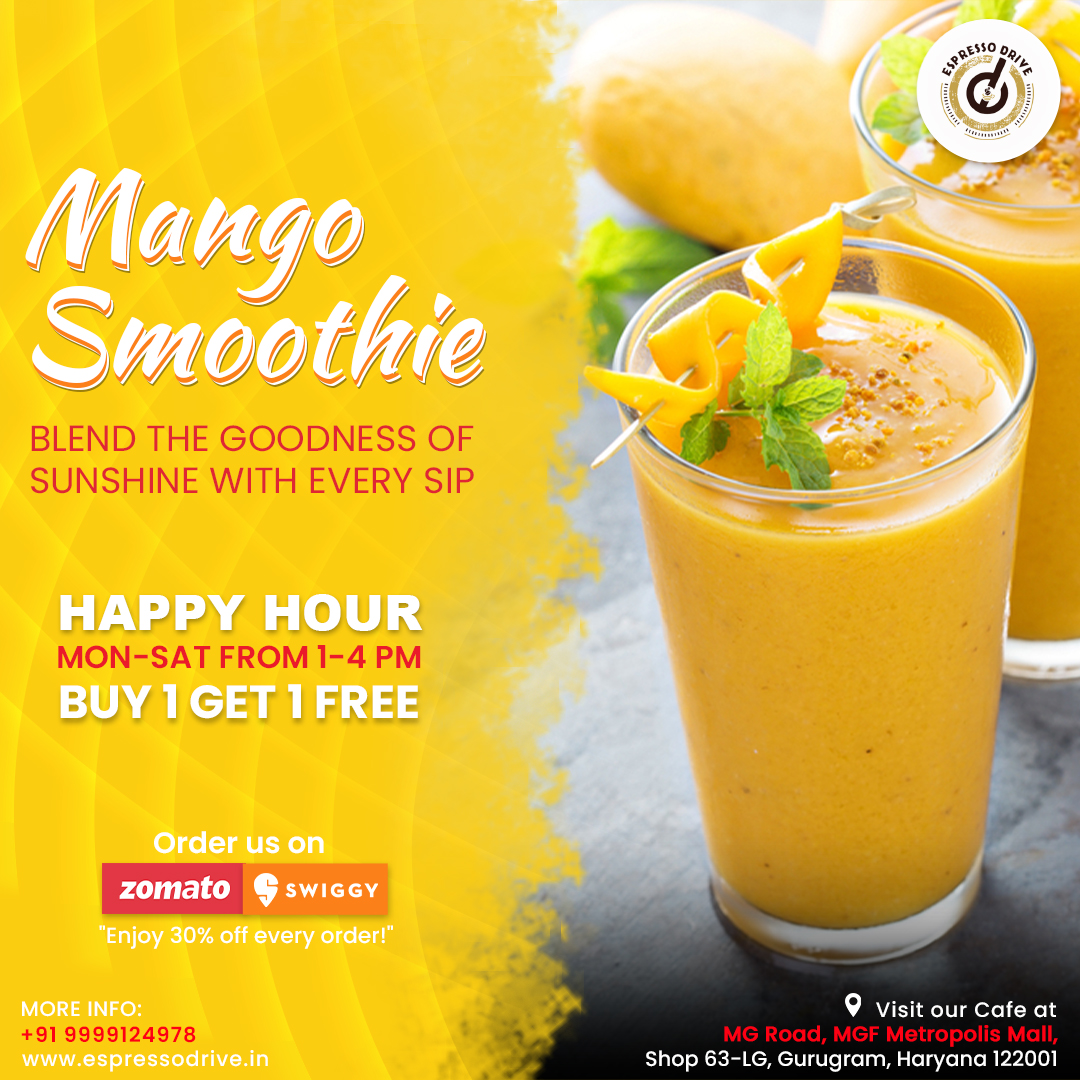 EspressoDrive's tweet image. #MangoSmoothie Madness at Espresso Drive Cafe! 🍹Craving a delicious and refreshing Mango Smoothie? Join us at @EspressoDrive, #MGFMetropolisMall , #MGRoad, #Gurugram, and enjoy a special discount. #HappyHour Special!📅 #Monday to #Saturday 1 PM - 4 PM espressodrive.in