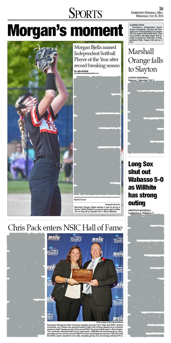 SWMNSports's tweet image. Marshall's Morgan Bjella earns the Independent's nod for Softball Player of the Year while SMSU's Chris Pack enters the Northern Sun Intercollegiate Conference Hall of Fame in Wednesday's edition of the Independent