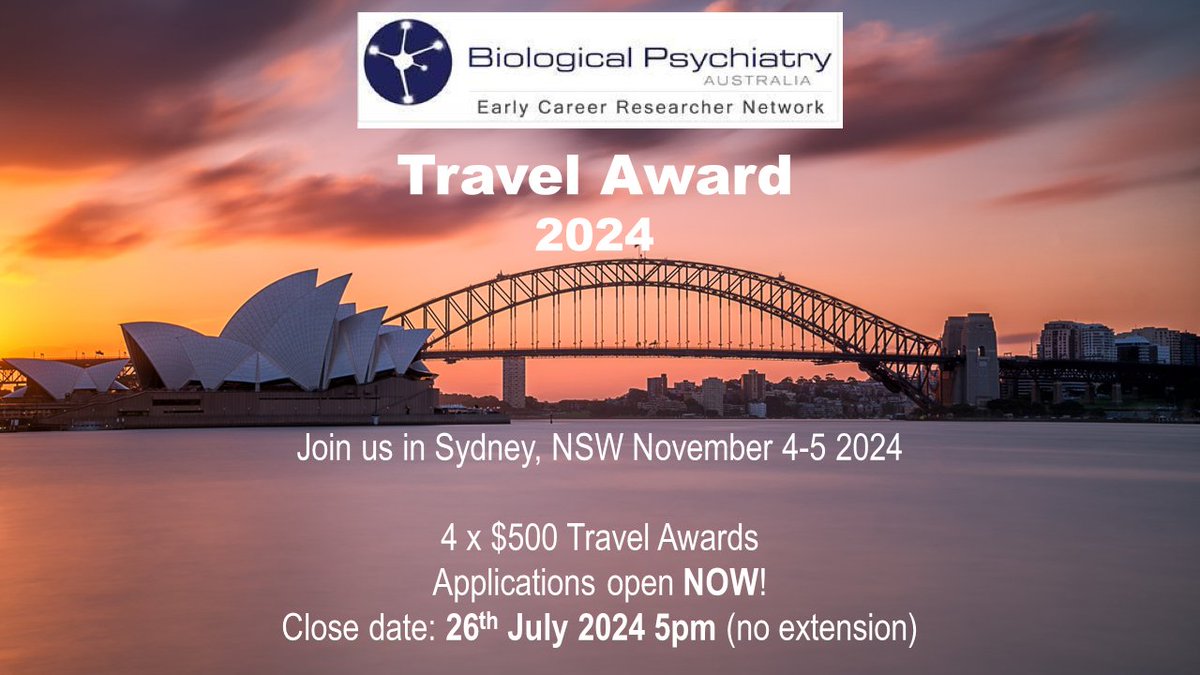 Don't forget that we are offering 4 x $500 travel awards to help our ECRs attend #BPA2024 🥳🧠

Applications due on the 26th of July!! Don't miss out on this amazing opportunity 🎉

Find all information and application forms on the BPA ECRN page: biolpsychaustralia.com.au/ecrn/