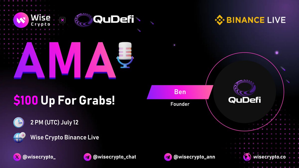 WiseCrypto_'s tweet photo. 🥳 Wise Crypto & QuDeFi Binance Live AMA

⏰ Time: July 12, 2PM (UTC)
🎁 $100 for Best 10 Questions

🔸Follow @Qudefiai & @WiseCrypto_ 
🔸Rules https://t.co/JiTsGTPnjY
🔸Comment Questions, Like, RT & Tag 3 Friends

📍Set Reminder: https://t.co/qlynsxa75R

#AMA #BINANCE #WiseCrypto #QDFI $QDFI