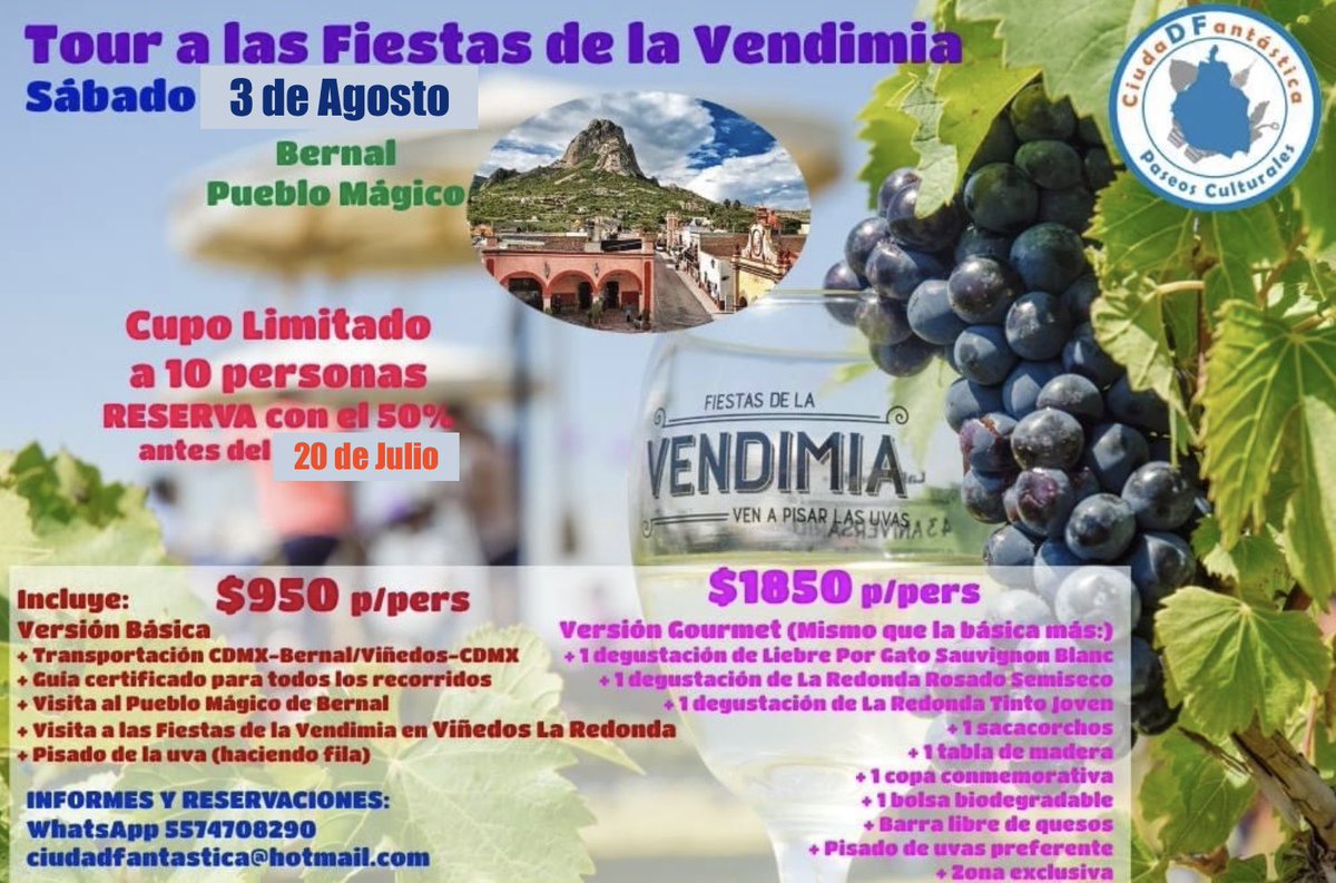 #CAMBIA de fecha nuestro #TOUR A LAS #FIESTAS DE LA #VENDIMIA: Ahora nos iremos el Sábado 3 de #Agosto.
CUPO LIMITADO a 10 lugares. RESERVA antes del 20 de #Julio.
Vámonos al #PuebloMágico de #Bernal y a #PisarLaUva en #Viñedos #LaRedonda. 
Pocos lugares disponibles.