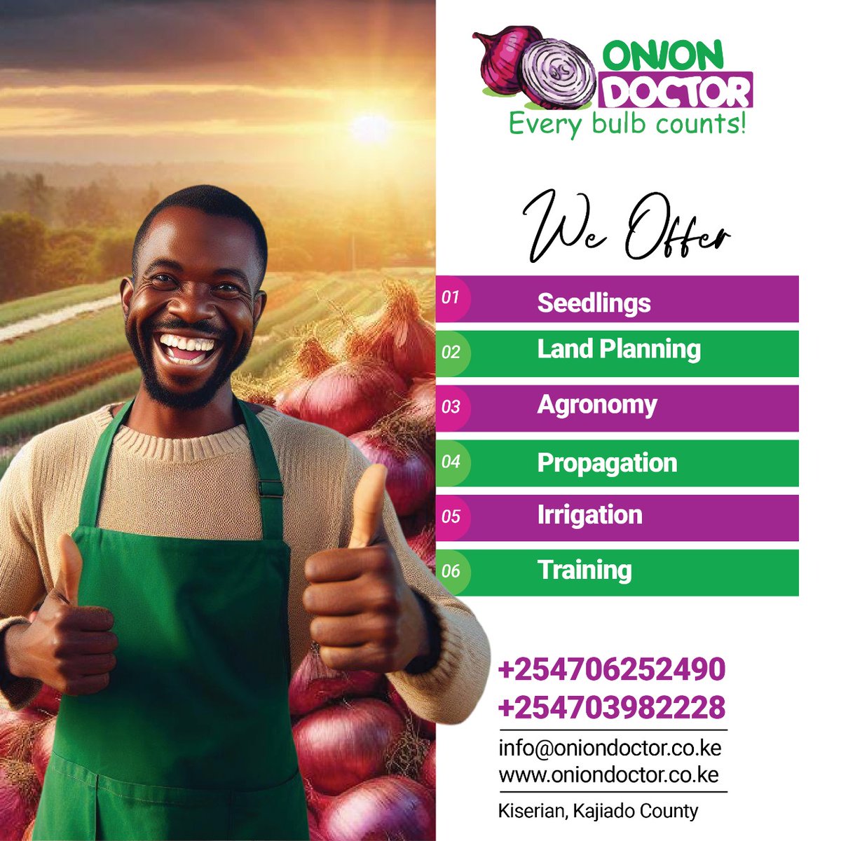 An onion cycle has 18 weeks;
6 in the nursery &amp;12 in the field.
After transplanting, major milestones include development of:-
 *Roots-Week 1-3
*Leafs-Week 4 -6
*Bulbs-Week 7-10
*Curing-Week 11-12
We walk the journey with our farmers from nursery till harvest.
🤙us on 0703982228