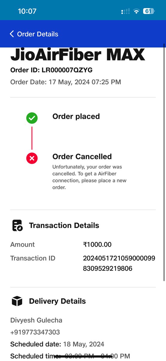 DivyeshGulecha's tweet photo. @JioCare My installation has been cancelled long back , why havent i still got my refund. ? https://t.co/UDMylEDt0x