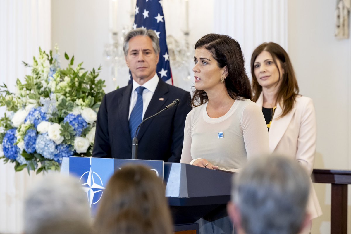 hingolfsson's tweet photo. The #1NATO75years Summit has started. Leaders gathered at the Mellon Auditorium where the North Atlantic Treaty was signed in 1949. A moving commemoration of 75 years of unity and resolve. FM @thordiskolbrun with powerful words at a women, peace and security event @StateDept. https://t.co/5JwahD7fWP