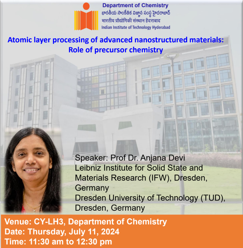 Department of Chemistry, IIT Hyderabad (@chyiith) on Twitter photo The Department of Chemistry is pleased to announce a seminar by Prof. Dr. Anjana Devi, Dresden University of Technology, Germany.
Venue: CY-LH3, Department of Chemistry
Date: Thursday, July 11 2024
Time: 11:30 am - 12:30 pm
<a href="/IITHyderabad/">IIT Hyderabad</a> The Department of Chemistry is pleased to announce a seminar by Prof. Dr. Anjana Devi, Dresden University of Technology, Germany.
Venue: CY-LH3, Department of Chemistry
Date: Thursday, July 11 2024
Time: 11:30 am - 12:30 pm
<a href="/IITHyderabad/">IIT Hyderabad</a>