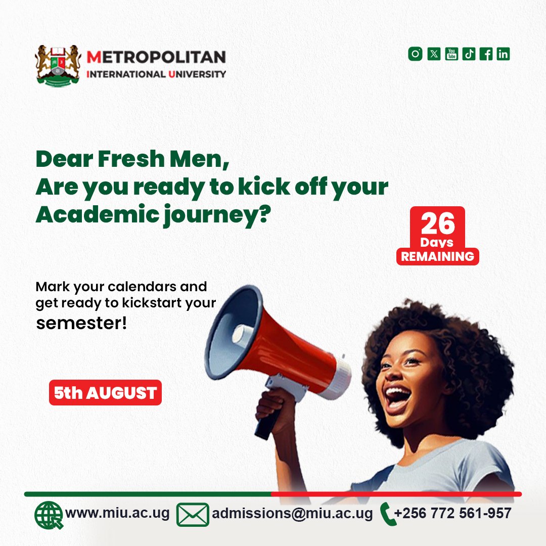 MIU_Uganda's tweet photo. The countdown begins! let's mark our calendars and get ready to kickstart our academic journey together. Our team is here to support you every step of the way.
Bruno Betty Lil Pazo https://t.co/TTcSRd8WAA