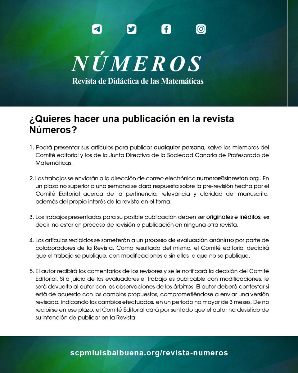 SCPMLBalbuenaC's tweet photo. ¿Quieres realizar una publicación en la revista NÚMEROS? Descubre cómo en las imágenes de la publicación o en la propia página web.
🌐 https://t.co/FWtw3DSl0S
#Matemáticas #Maths #EducaciónMatemática #SCPM #Números #RevistaNúmeros #SCPMLBC https://t.co/6aWRczWnXU