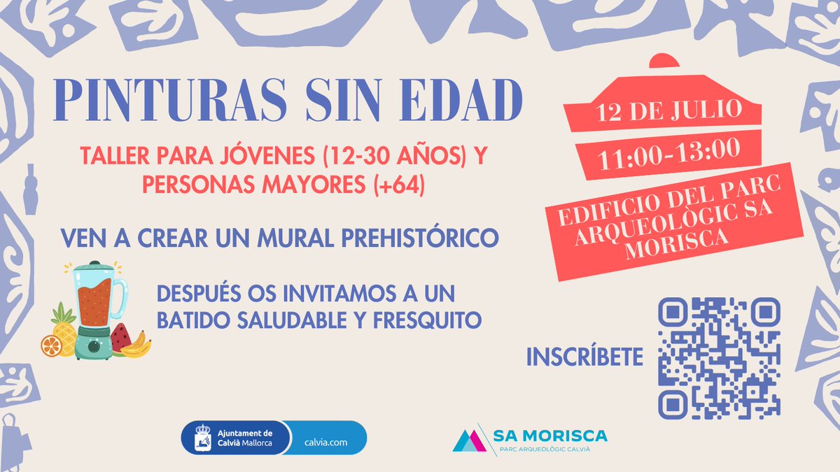 _Calvia's tweet photo. Pinturas sin edad🎨
👦Jóvenes (12-30) y 👵mayores (+64) estáis invitados a descubrir el #arteprehistórico y crear un mural juntos
🥤 Al finalizar, un batido refrescante!
📅 12/07
⏰ 11-13 h
📍 @parcsamorisca
🔴Gratis
📋 https://t.co/X37GQVvQLh
➕https://t.co/eOJGcGZIIn
#sinedad👇 https://t.co/GCmIgzGmWs