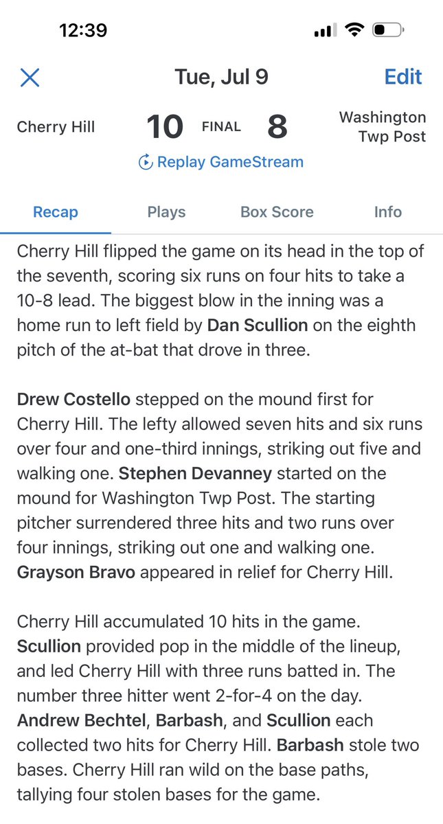 Post 372 with win 13. Danny just hits dingers! Barbash and Bechtel with multiple hits. Bravo with the dub! Next up the Brooklawn gauntlet. PO’s can hit. 😂
