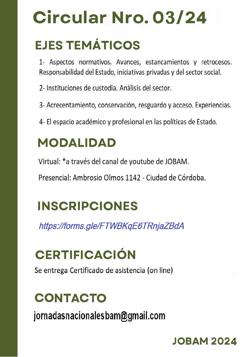 AMuseologos's tweet photo. AProdeMus informa:
Circular N° 3 de JOBAM 2024 https://t.co/h9nGpg1jiS