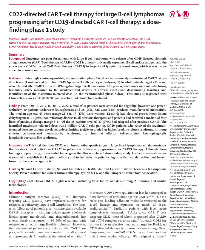 Eddie Cliff (@eddie_cliff) on Twitter photo Exciting data just out <a href="/TheLancet/">The Lancet</a>
CD22-targeted CAR T-cells in pts w DLBCL relapsed post CD19-CAR T
38 pts
ORR 68%
CRR 53%
mDOR 27.8 months among responders
thelancet.com/journals/lance…
#lymsm #TCellRx Exciting data just out <a href="/TheLancet/">The Lancet</a>
CD22-targeted CAR T-cells in pts w DLBCL relapsed post CD19-CAR T
38 pts
ORR 68%
CRR 53%
mDOR 27.8 months among responders
thelancet.com/journals/lance…
#lymsm #TCellRx