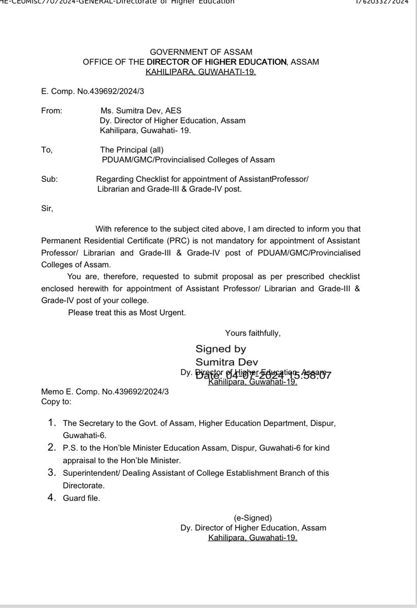 ranojpeguassam's tweet photo. The Notice pertaining to Permanent Residential Certificate (PRC) was issued by Director of Higher Education without approval of the government. The DHE has been instructed to withdraw the Notice immediately.
@himantabiswa 
@CMOfficeAssam https://t.co/fFuNAYGcsP
