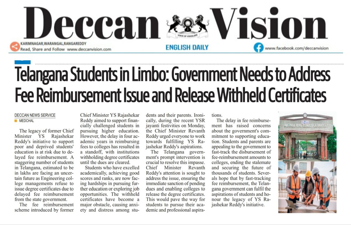 DeccanEnglish's tweet photo. @Deomdcl @Collector_MDL @seethakkaMLA @PonnamLoksabha @DC_Moosapet @revanth_anumula @TelanganaCMO @mpponguleti @CPCyberabad
Request CM Revanth Reddy to action immediately as students career in stake.. Certificates on hold at colleges. https://t.co/ga1k2ttS2E