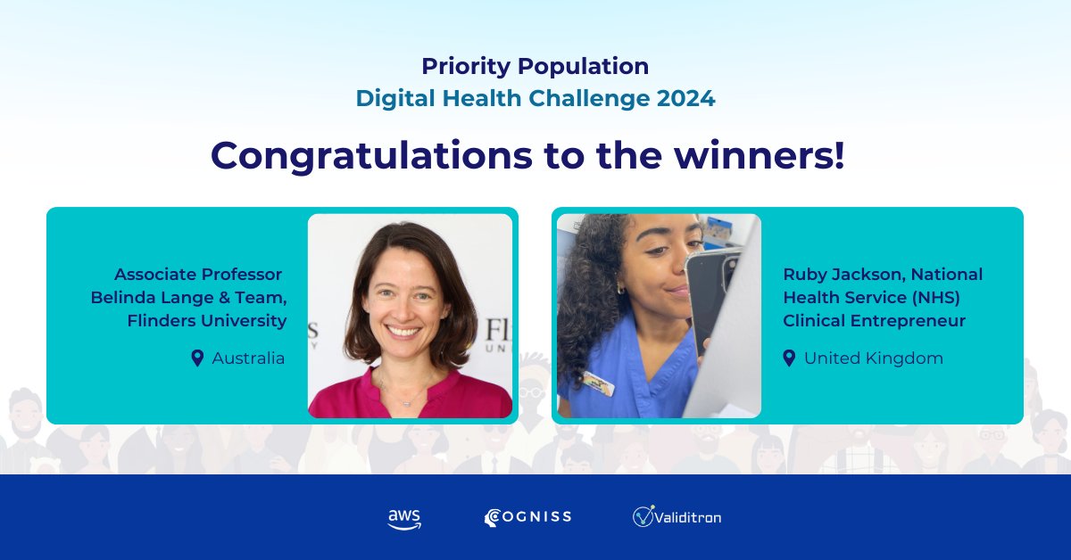 Cogniss (@cognisshq) on Twitter photo 🎉 Excited to announce the winners of #PPDHC2024!
🏆 Kudos to the team from <a href="/Flinders/">Flinders University</a> led by <a href="/BelindaLangePT/">A/Prof Belinda Lange</a> & Ruby Jackson, an <a href="/NHS_CEP/">NHS Clinical Entrepreneur Programme</a> fellow.
✨ Read more: hubs.ly/Q02F-m200
🙌 Thanks to all participants & our partners <a href="/awscloud/">Amazon Web Services</a> <a href="/DT4Health/">Centre for Digital Transformation of Health</a>!
#healthequity #digitalhealth 🎉 Excited to announce the winners of #PPDHC2024!
🏆 Kudos to the team from <a href="/Flinders/">Flinders University</a> led by <a href="/BelindaLangePT/">A/Prof Belinda Lange</a> & Ruby Jackson, an <a href="/NHS_CEP/">NHS Clinical Entrepreneur Programme</a> fellow.
✨ Read more: hubs.ly/Q02F-m200
🙌 Thanks to all participants & our partners <a href="/awscloud/">Amazon Web Services</a> <a href="/DT4Health/">Centre for Digital Transformation of Health</a>!
#healthequity #digitalhealth