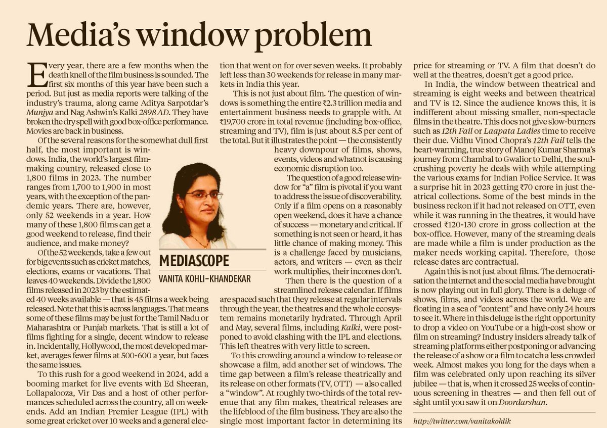 vanitakohlik's tweet photo. 1,800 films, scores of great live events, a 7 week election, a 10-week IPL. Of the 52 weeks this year barely 30 are probably available to release a film so that it can be discovered and can make money. Ditto for shows or films on OTT? My column today on media's problem of windows..
https://t.co/bIvYJiAZ55