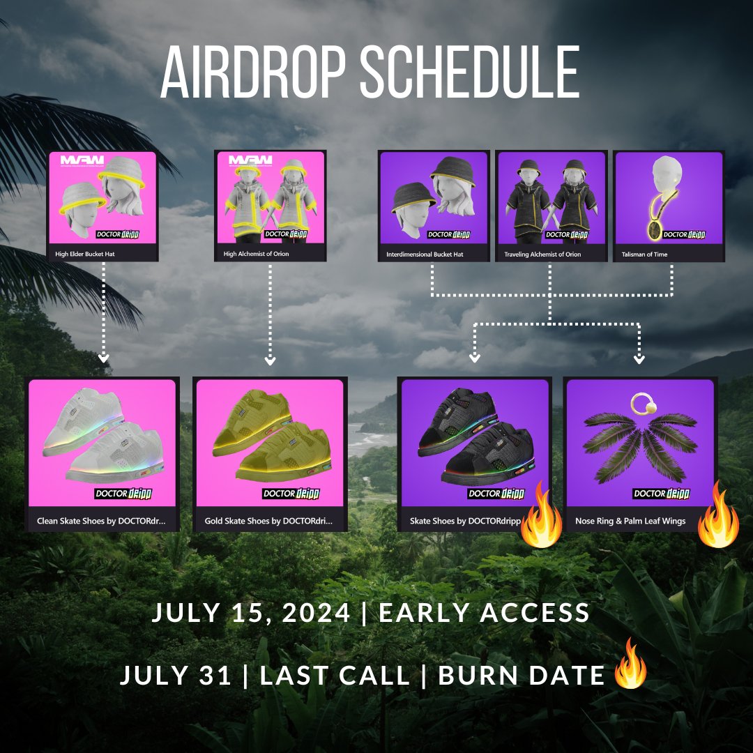 DECENTRALAND STREETWEAR AIRDROP SCHEDULED

📸 Monday July 15
Snapshot &amp; Airdrop for collectors of Transformative Streetwear Vol. 2 complete collection

📸🚨 July 31
Final Snapshot &amp; Airdrop for stragglers 

Any extra Skate Shoes / Nose Rings will be sent to the burn address 🔥