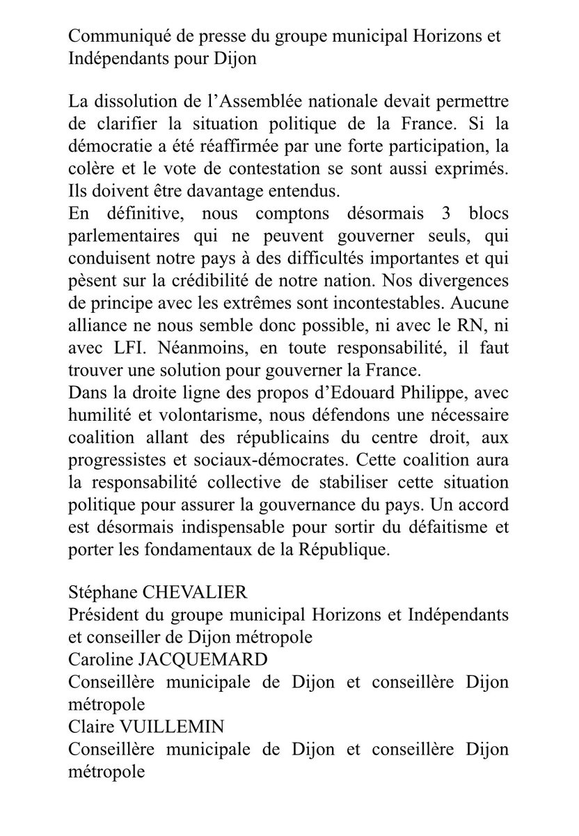 VuilleminClaire's tweet photo. Communiqué de Presse du Groupe Horizons et Indépendants de la Ville de Dijon
@SChevalierDijon #carolinejacquemard 
#coalition https://t.co/kQxsp9MVNO