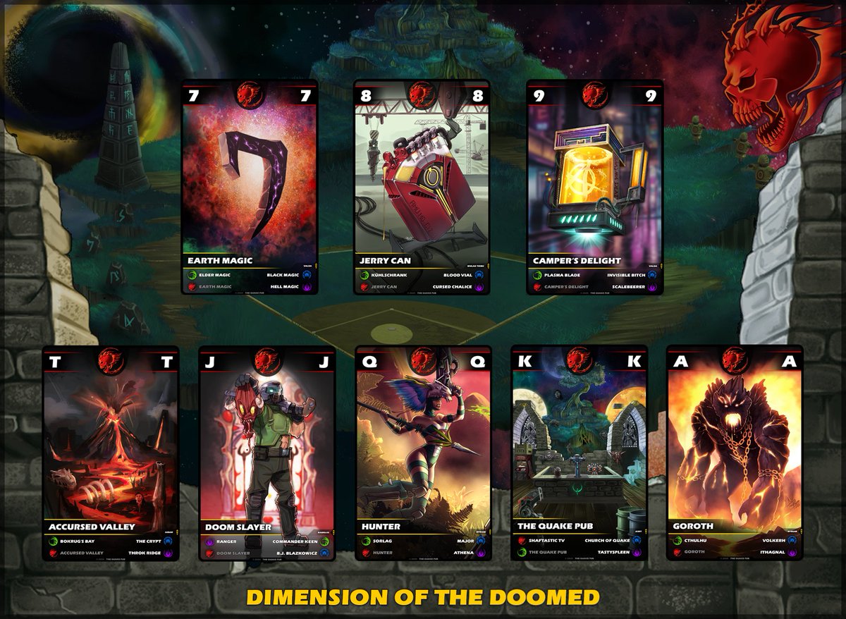 quake_pub's tweet photo. I am always glad to check #PortfolioDay and this time I would love to add THE DECK; Reduced deck of playing cards I was working on with 8 artists and that I will give out for free at @QuakeCon 2024.

It was inspired by games of @idSoftware; so you can find Commander Keen, @wolfenstein, @DOOM and mainly @Quake themes in THE DECK.

Layout of cards was designed in a way to allow for fast clear reading of SUIT and VALUE when holding tight fan of cards and to support three distinct modifications:
🟡PRSHEE (Mau-Mau)
🟡QUADS (Quartett) and
🟡THE LURCHING KING (Old Maid)

🟢🔴🔵🟣Suits of cards are devoted to main four realms within original QUAKE and we tryed to keep main color of each SUIT to shine thru within the cards as well.