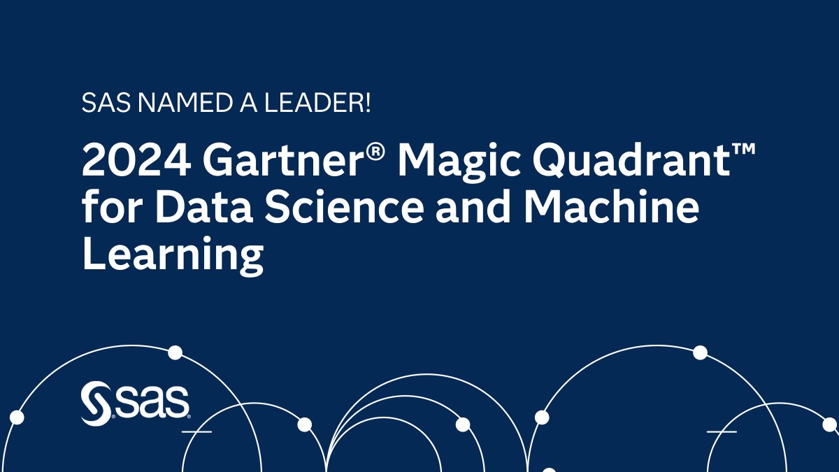 SAS a Leader in the 2024 Gartner Magic Quadrant for Data Science and Machine Learning! “This is the ninth consecutive time Gartner has named SAS a Leader in the DSML Magic Quadrant for Completeness of Vision and Ability to Execute.” 2.sas.com/60139S4hP