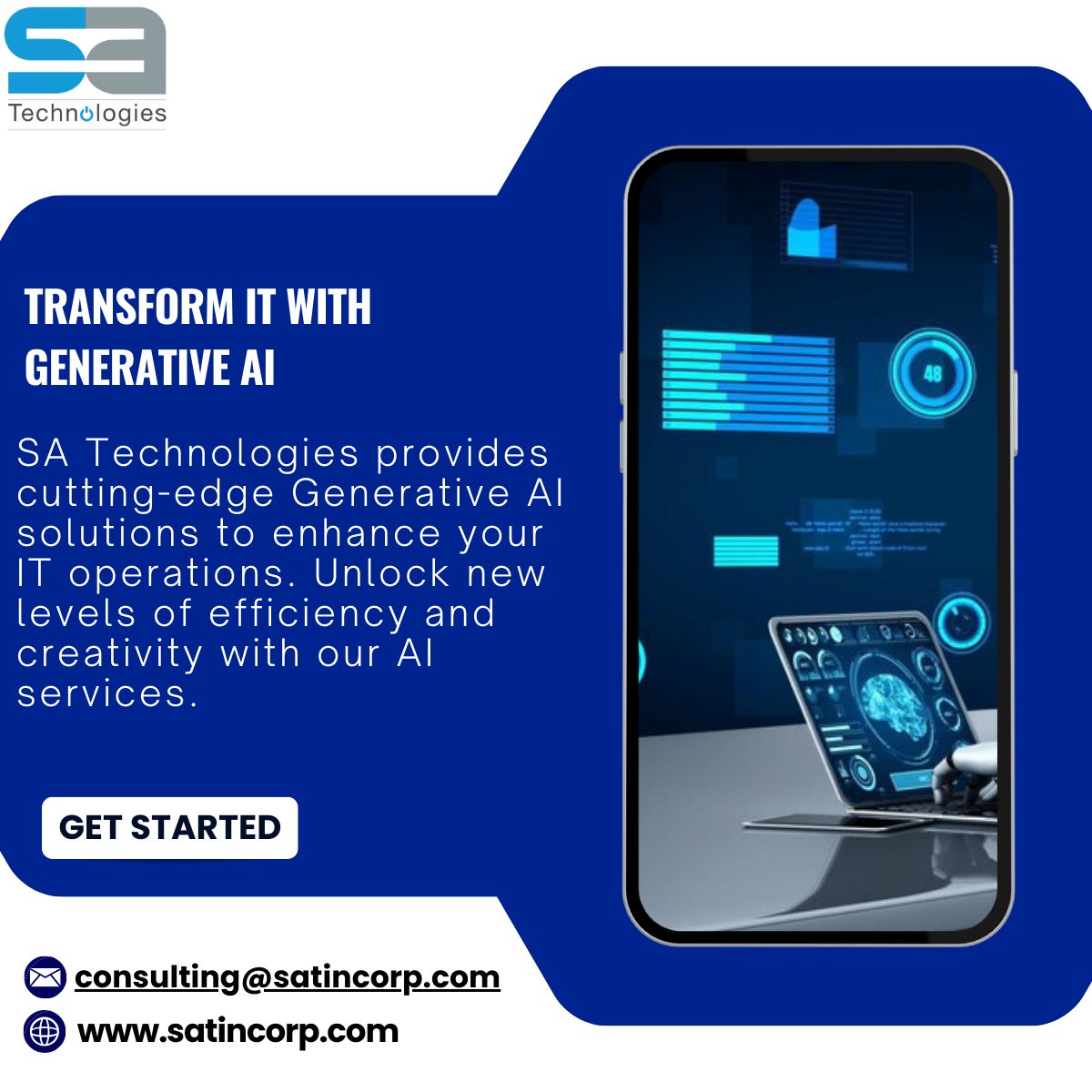 SatechGlobal's tweet image. Transform IT with Generative AI

SA Technologies provides cutting-edge Generative AI solutions to enhance your IT operations. Unlock new levels of efficiency and creativity with our AI services.

#GenerativeAI #Innovation #SATechnologies