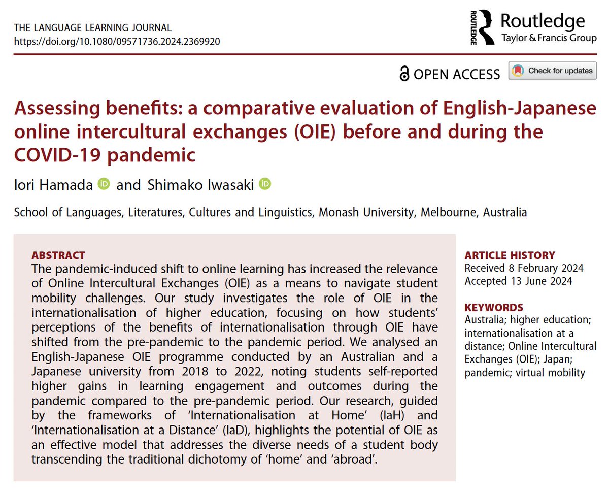 hamada_iori's tweet photo. 📚 Publication day! Our multi-year research on online language exchange is now available in Open Access via the Language Learning Journal. Check out our findings here:
 https://t.co/SJYBSGfVA7 #pandemic #virtualmobility #HE https://t.co/lpFqA4YF03