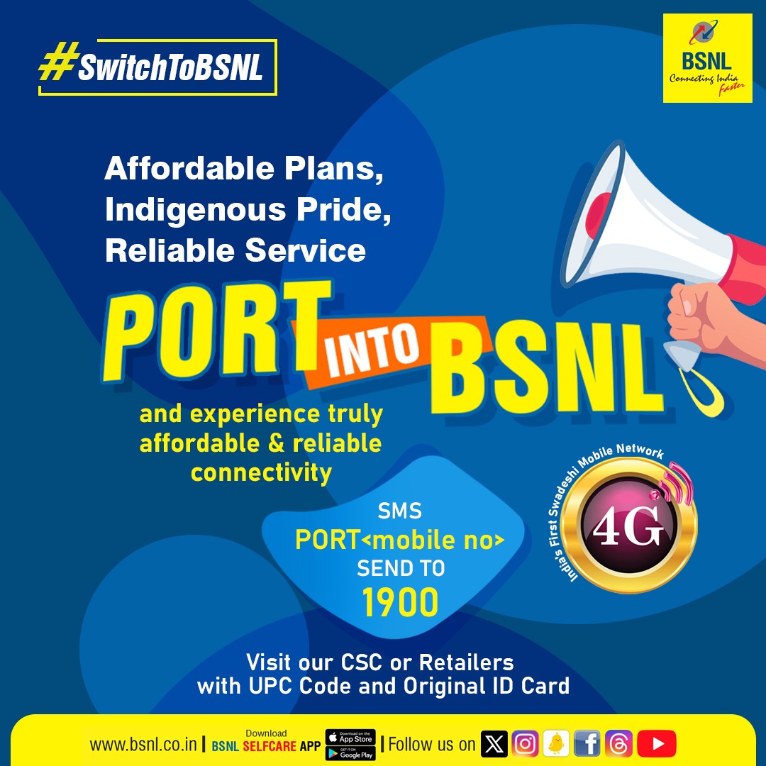 #SwitchToBSNL and experience truly  affordable &amp; reliable connectivity.

#BSNL #BSNLNetwork #StayConnected #Switch_To_BSNL #Port_in_BSNL