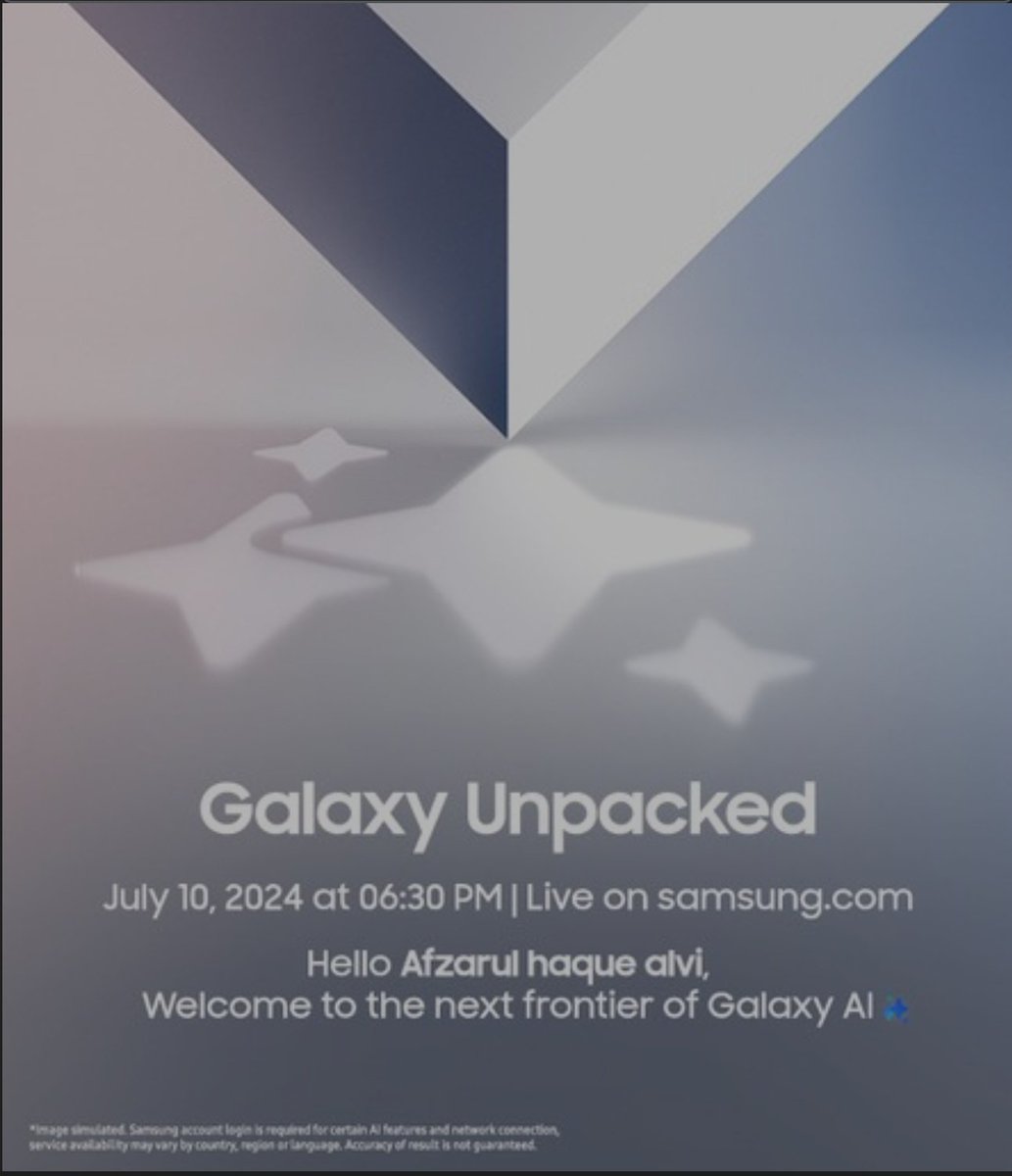 Afzarul4's tweet photo. Here is my personal invitation for the upcoming Galaxy Unpacked 2024,

Super-excited to witness
#SamsungUnpacked on July 10  2024 at 6:30 PM

#SamsungMembers #SamsungMembersStars #SamsungUnpacked    #Samsung #GalaxyAI    
Register now - https://t.co/i6TFVuHFPf https://t.co/9giRv0EdnP