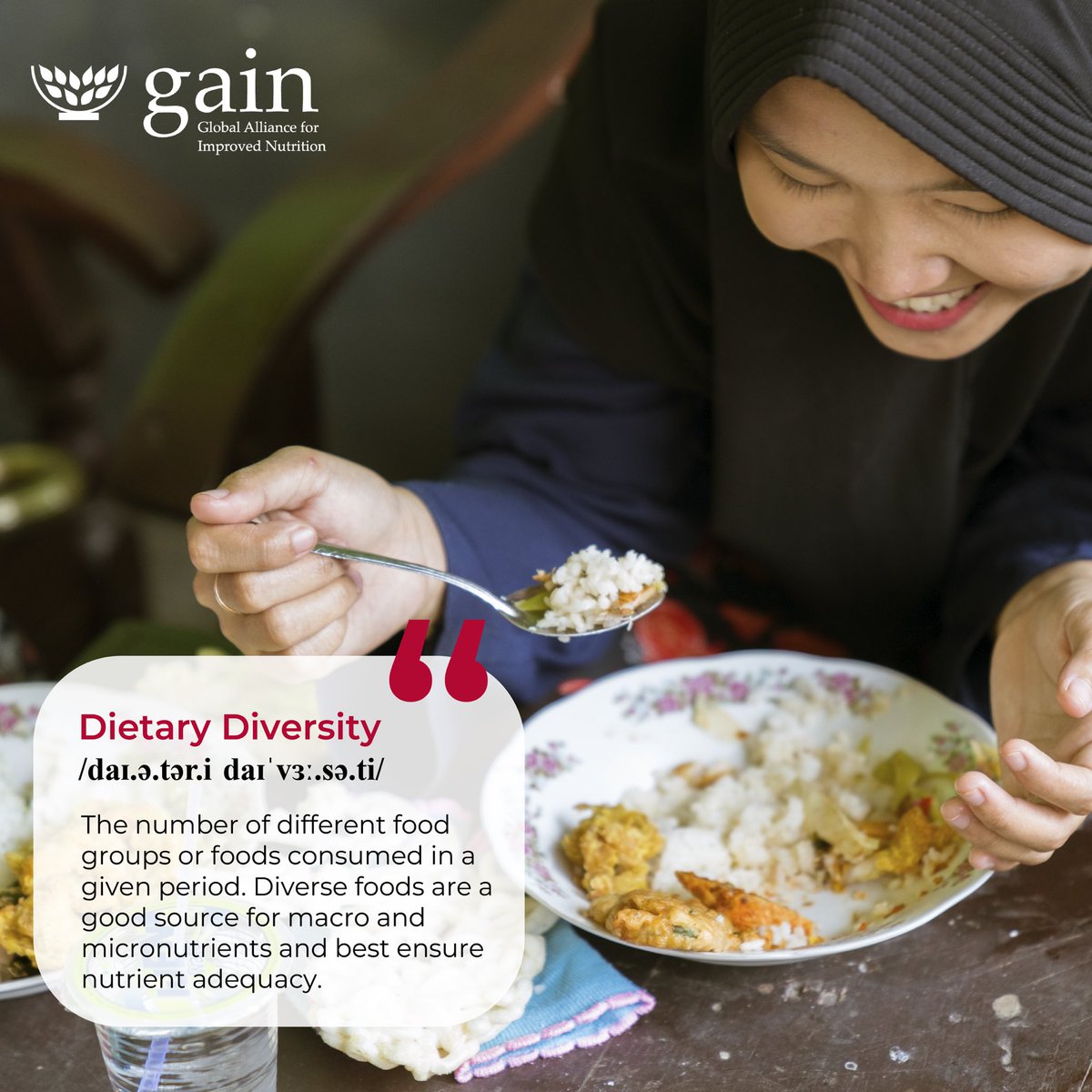 GAINalliance's tweet photo. 🥕D I E T • D I V E R S I T Y 🌾

Diet diversity is a key component of ensuring diet quality. Next time you setup a 🍽️, notice how diverse it is. 

Eating a variety of foods can help prevent nutrient deficiencies and chronic diseases. 

#WordOfTheWeek #Diet #Nutrition https://t.co/kXapjwHErE