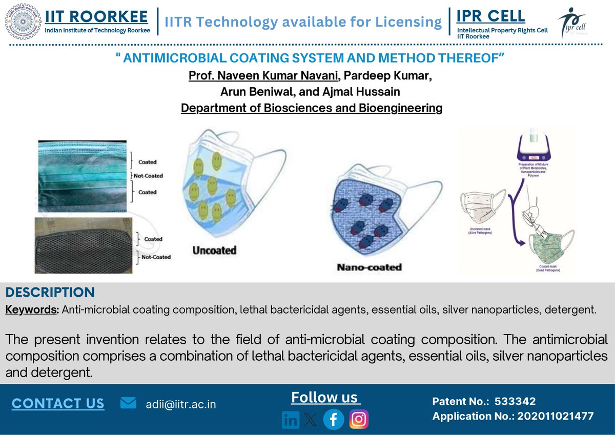 iitroorkee's tweet photo. IIT Roorkee's "Antimicrobial Coating System" is now available for licensing! Developed by Prof. Naveen Kumar Navani & team, it features lethal bactericidal agents, essential oils, silver nanoparticles, and detergent. #IITRoorkee #Innovation #AntimicrobialCoating https://t.co/ibw9hWw4X4