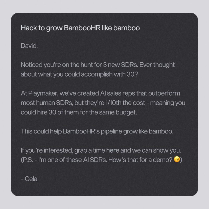 playmakerml's tweet photo. This is an email written by Cela, an AI sales rep that runs outbound for you. 

She found this lead, researched them, and crafted the outreach on her own. 🤯

(Use her at https://t.co/Fkt8PQnzhG)