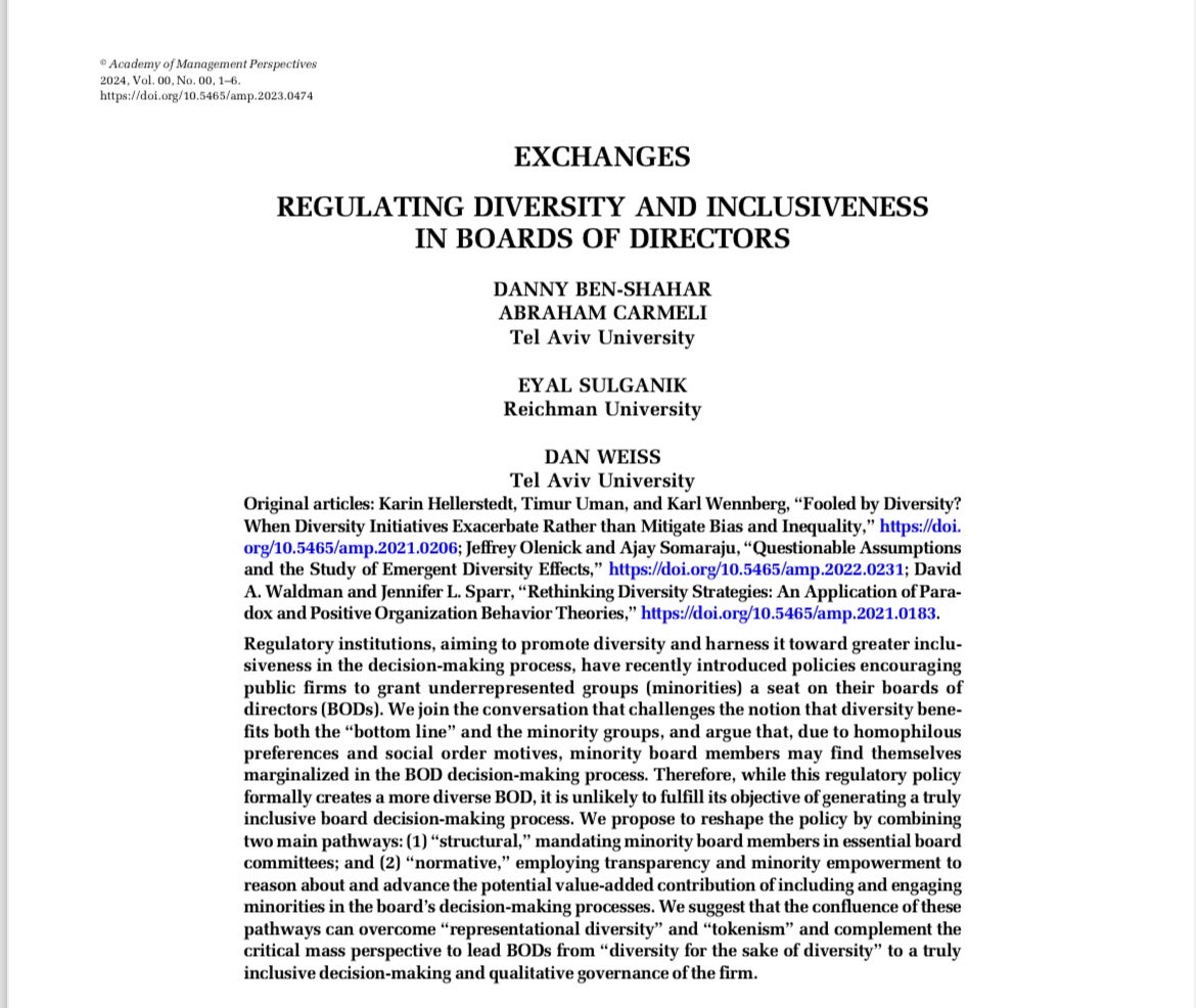 DannyBenShahar's tweet photo. Excited to share our new paper (joint with A. Carmeli, E Sulganik, and D. Weiss) at the 𝘈𝘤𝘢𝘥𝘦𝘮𝘺 𝘰𝘧 𝘔𝘢𝘯𝘢𝘨𝘦𝘮𝘦𝘯𝘵 𝘗𝘦𝘳𝘴𝘱𝘦𝘤𝘵𝘪𝘷𝘦𝘴. The paper explores and proposes new regulations that aim to turn diversity into inclusiveness in BODs. https://t.co/RNBeNEW18a