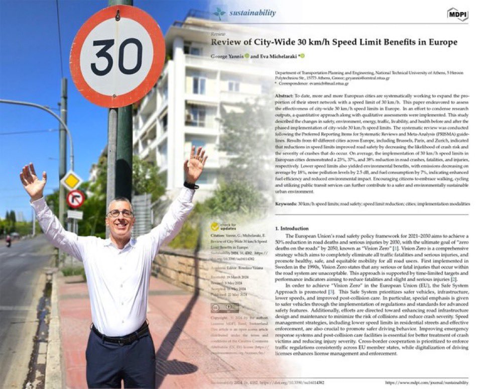 On average, implementation of 30 km/h speed limits in European cities demonstrated a 23%, 37% &amp; 38% reduction in road crashes, fatalities, and injuries respectively. Lower speed limits also yielded environmental benefits including 7% less fuel consumption.
nrso.ntua.gr/review-of-city…