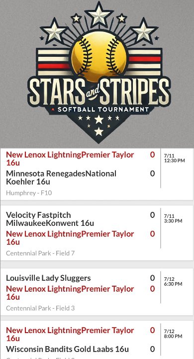🚨SCHEDULE🚨 Come check us out this weekend at the Stars and Stripes tournament in Orland Park. <a href="/UIC_Softball/">UIC Softball 🔥🥎</a> <a href="/LewisSoftball/">Lewis Softball</a>
<a href="/LFCollegeSB/">Lake Forest College Softball</a> <a href="/GBPhoenixSB/">Green Bay Softball</a>
<a href="/OlivetSoftball/">Olivet Softball</a>  <a href="/IlliniSB/">Illinois Softball</a>
@Ltrout07 <a href="/NUSBcats/">Northwestern Softball</a>
<a href="/BradleySoftball/">Bradley Softball</a> <a href="/cait_bone3/">Caitlin Gambone</a>
<a href="/lo_gambone/">Lauren Gambone</a> <a href="/RamblersSB/">Loyola Softball</a> <a href="/DePauwU/">DePauw University</a> <a href="/DePaulSB/">DePaul Softball</a>  <a href="/LenoxPt/">New Lenox Lightning 16U PT</a>