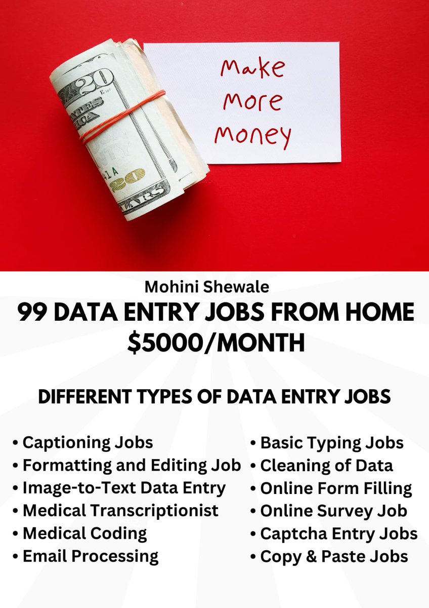 s_mohinii's tweet photo. 99 Websites that'll pay you $200/hr for data entry jobs:

I have prepared a list of 46 Websites that'll pay you $45/hr for data entry jobs With Just a Smartphone or Laptop and Internet.

For absolutely FREE:

To get it:

1. Follow Me
2. Like and Retweet
3. Reply with "Data" https://t.co/gr6eG7oe9n