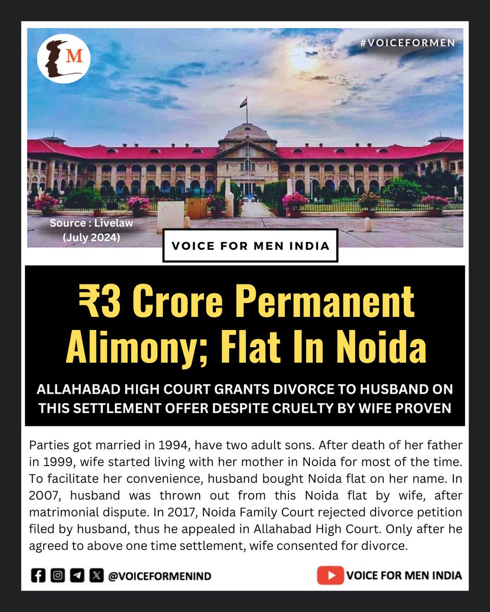 WHAT LEGAL EXTORTION OF HUSBANDS LOOKS LIKE IN INDIA 

Despite CRUELTY BY WIFE PROVEN, divorce granted only after Husband agrees to pay Rs 3 Crore Alimony, Noida Flat

This flat was purchased by him only on name of wife. Later, he was kicked out from his own flat following