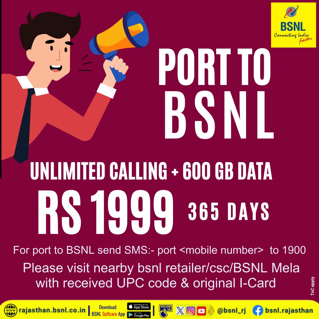 #SwitchToBSNL and experience truly affordable &amp; reliable connectivity. Unlimited calling &amp; 600 GB data for 365 days.
#BSNL #BSNLNetwork #StayConnected #Switch_To_BSNL #Port_in_BSNL #PortToBSNL