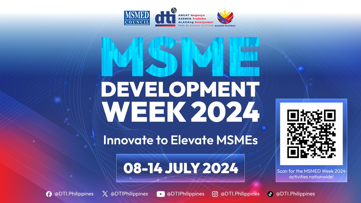 Celebrate MSME Development Week 2024! 🎉

Let's empower small businesses with creativity and innovation to reach new heights! 💡

For the full list of activities nationwide, check out the DTI website or scan the QR code.

#MSMEDevelopmentWeek2024 #InnovateToElevate
