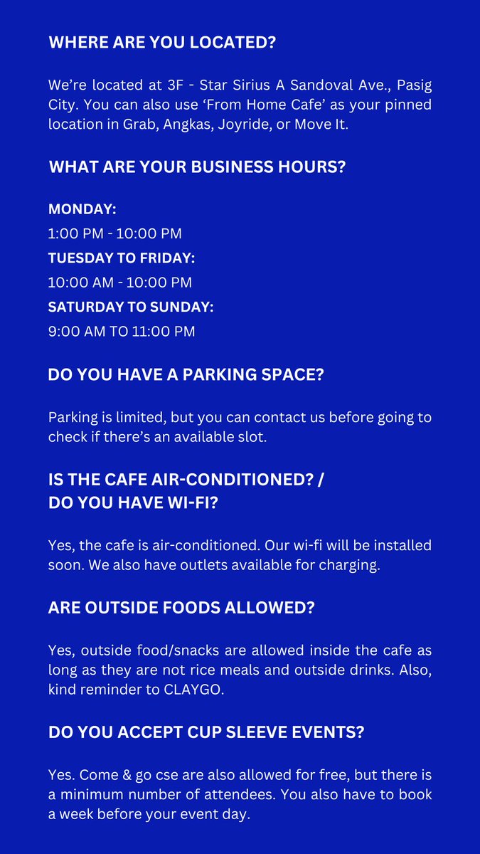 From Home Cafe - FAQ’s

For more questions or inquiries, kindly dm us here or on our IG acc @fromhomecafe 💙