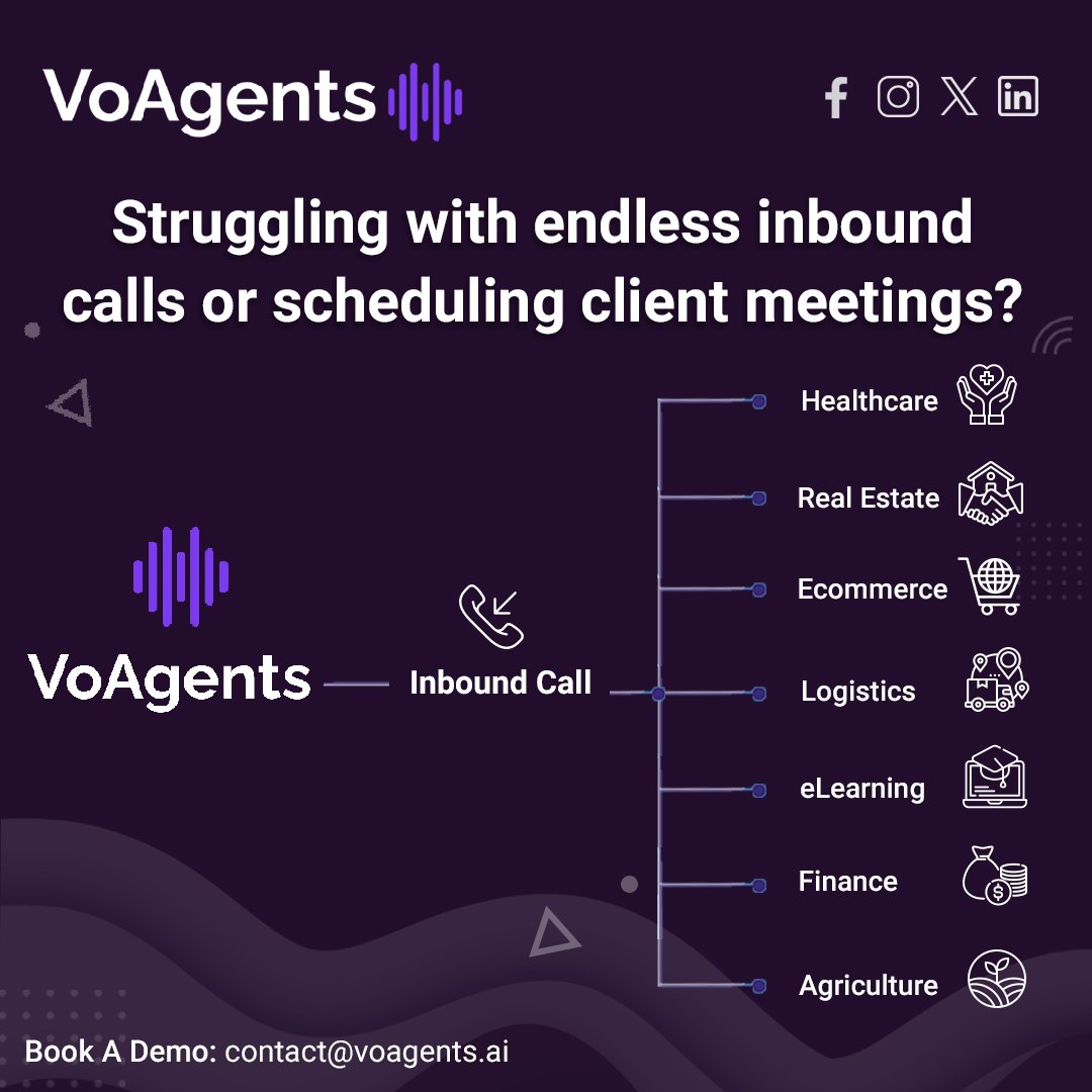VoAgents (@voagents) on Twitter photo Struggling with endless calls and scheduling?
VoAgents.ai can help! With advanced NLP, it responds like a human and boosts efficiency.
Contact us at contact@voagents.ai for a demo!
#voagents #aivoiceagent #voiceautomation #virtualassistant #nlptechnology #ai #voice Struggling with endless calls and scheduling?
VoAgents.ai can help! With advanced NLP, it responds like a human and boosts efficiency.
Contact us at contact@voagents.ai for a demo!
#voagents #aivoiceagent #voiceautomation #virtualassistant #nlptechnology #ai #voice